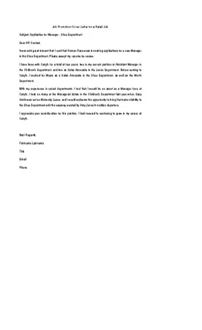 Job Promotion Cover Letter For A Retail Job