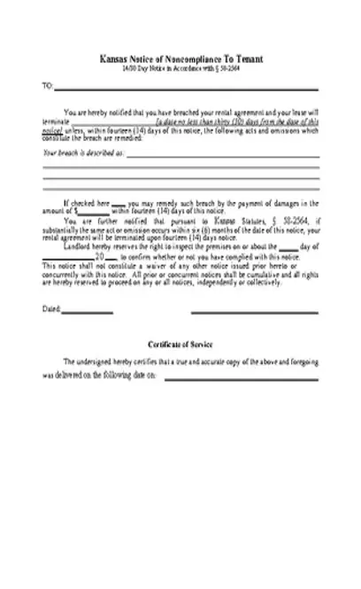 Kansas 14 Day Notice To Comply Eviction Form