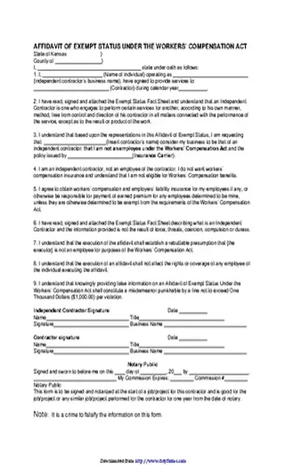 Kansas Affidavit Of Exempt Status Under The Workers Compensation Act Form