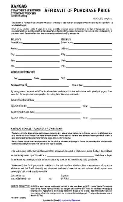 Kansas Affidavit Of Purchase Price Form