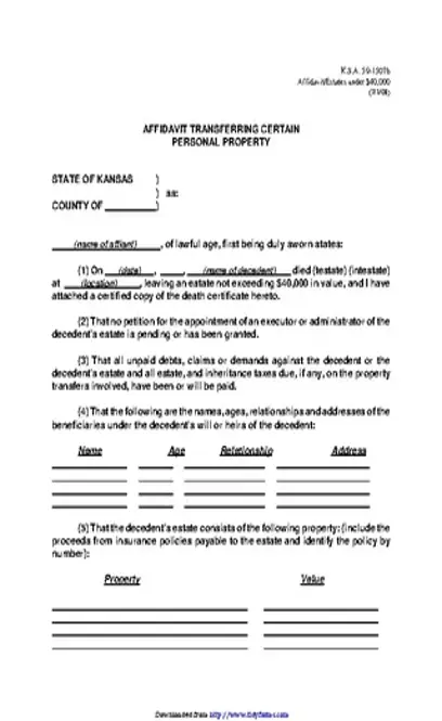 Kansas Affidavit Transferring Certain Personal Property Form