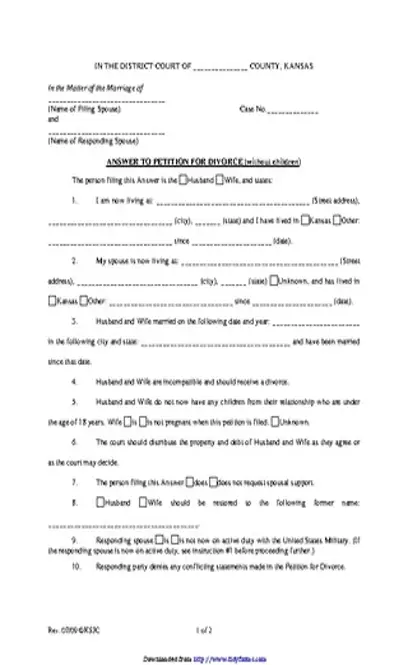 Kansas Answer To Petition For Divorce Without Children Form