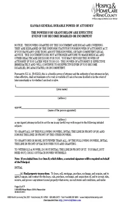 Kansas General Durable Power Of Attorney Form