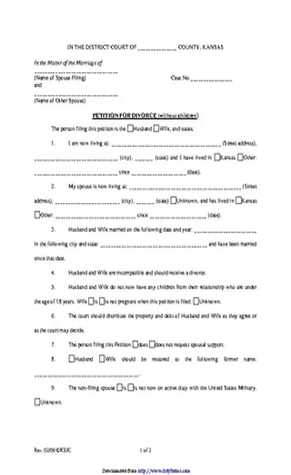 Kansas Petition For Divorce Without Children Form