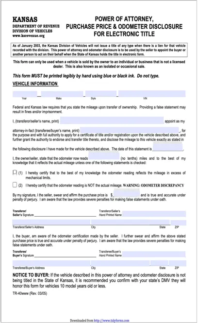 Kansas Power Of Attorney Purchase Price And Odometer Disclosure For Electronic Title Form