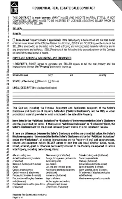 Kansas Residential Real Estate Sale Contract Form