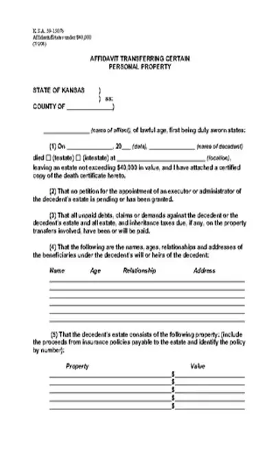 Kansas Small Estate Affidavit Transferring Certain Personal Property