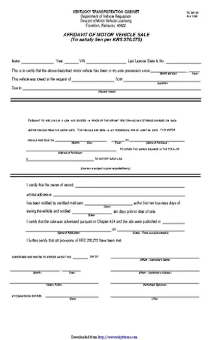 Kentucky Affidavit Of Motor Vehicle Sale Form