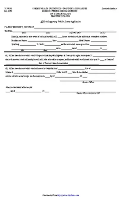 Kentucky Affidavit Supporting Vehicle License Application Form