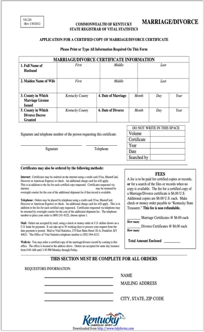 Kentucky Application For A Certified Copy Of Marriage Divorce Certificate Form