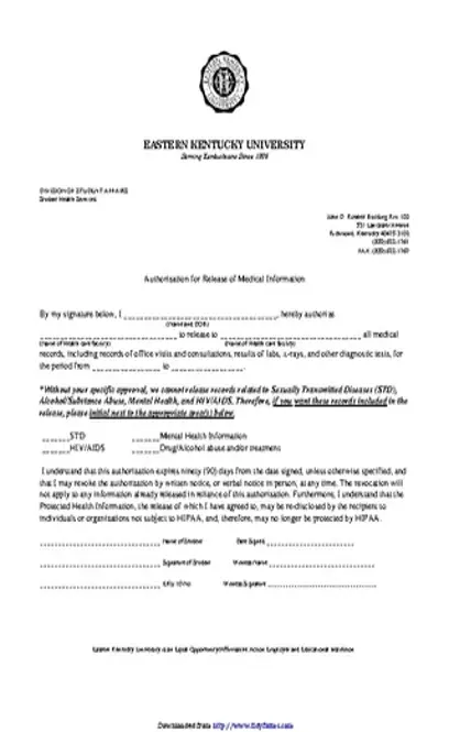 Kentucky Authorization For Release Of Medical Information Form