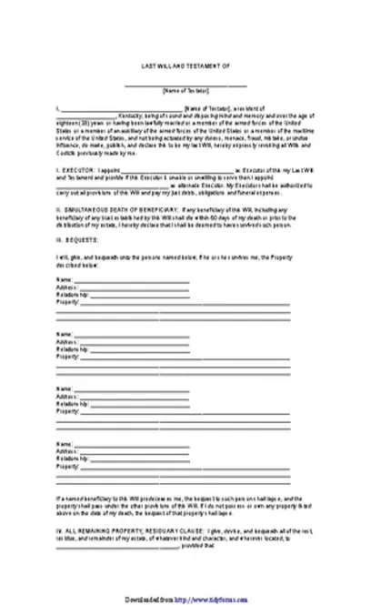 Kentucky Last Will And Testament Form