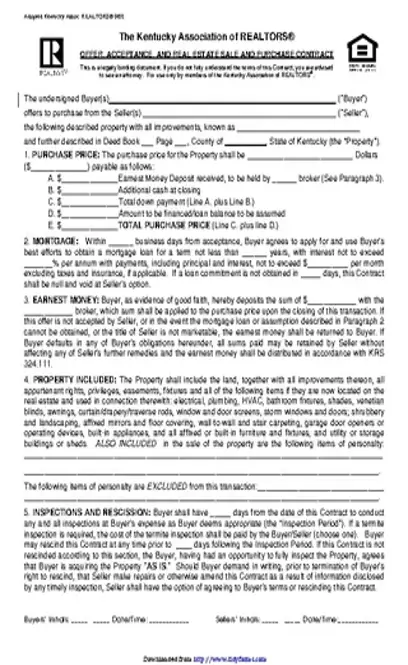 Kentucky Offer Acceptance And Real Estate Sale And Purchase Contract Form