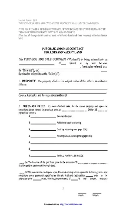 Kentucky Purchase And Sale Contract For Lots And Vacant Land Form