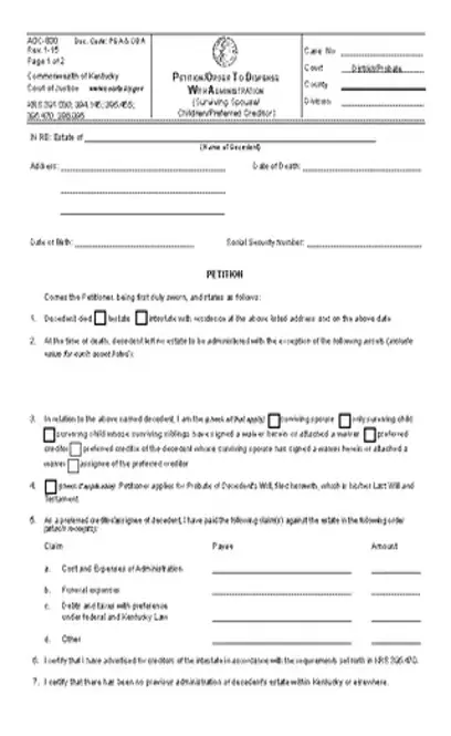 Kentucky Small Estate Affidavit Petition Form