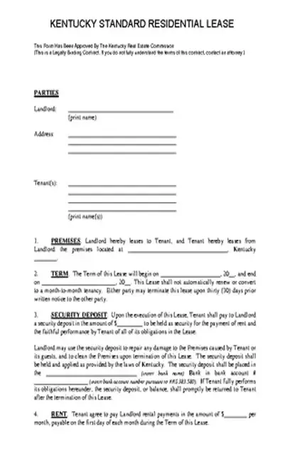 Kentucky Standard Residential Lease Agreemeent Template Pm106