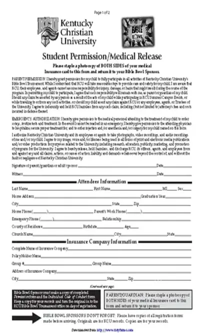 Kentucky Student Permission Medical Release Form