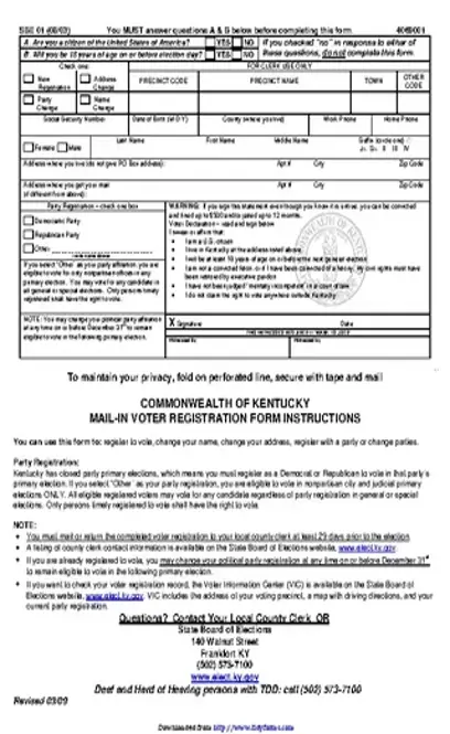 Kentucky Voter Registration Card