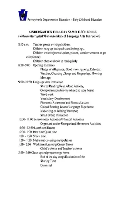 Kindergarten School Schedule Template