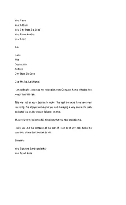 Letter Of Resignation Example Two Weeks Notice