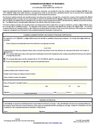 Louisiana Authorized Non Admitted Affidavit Form