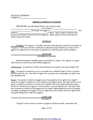 Louisiana General Durable Power Of Attorney Form