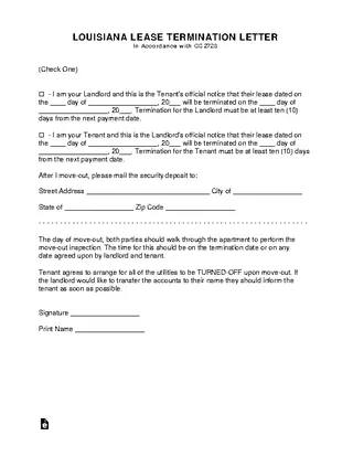 Louisiana Lease Termination Letter Form