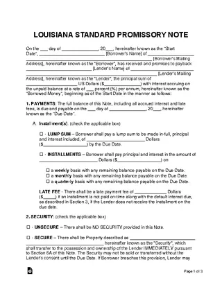 Louisiana Standard Promissory Note Template