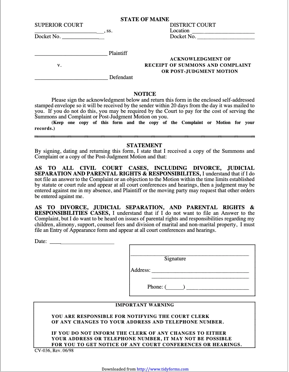 Maine Acknowledgment Of Receipt Of Summons And Complaint Or Post Judgment Motion Form