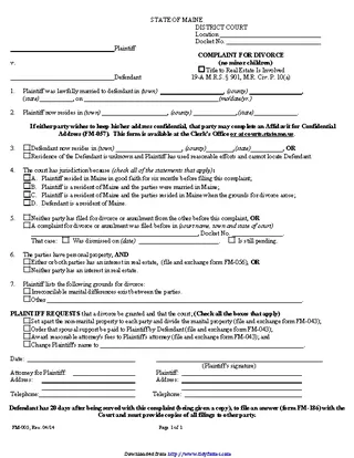 Maine Complaint For Divorce No Minor Children Form