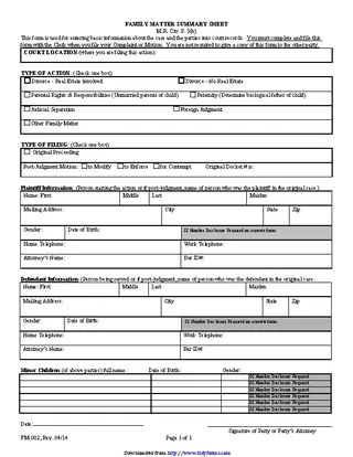 Maine Family Matter Summary Sheet