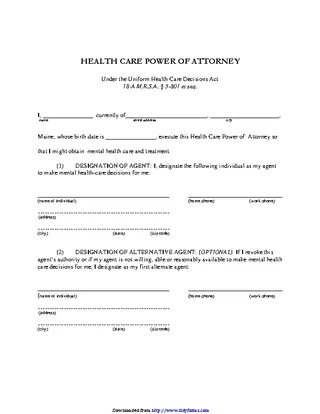 Maine Health Care Power Of Attorney Form 1