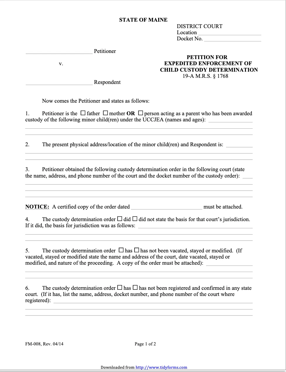 Maine Petition For Expedited Enforcement Of Child Custody Determination Form