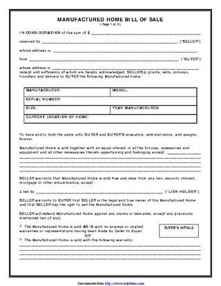 Manufactured Home Bill Of Sale Fillable Pdf