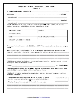 Manufactured Home Bill Of Sale