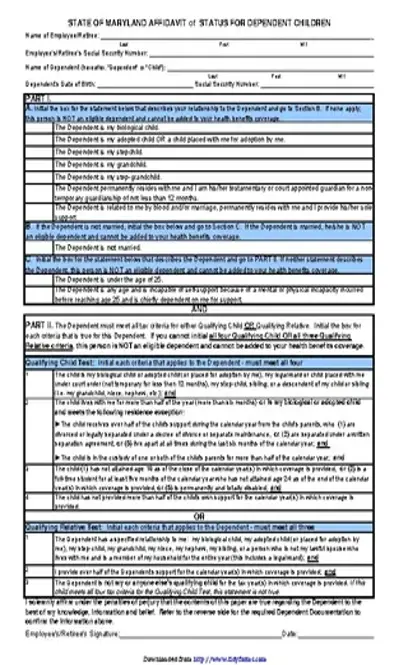 Maryland Affidavit Of Status For Dependent Children