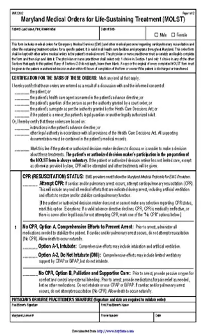 Maryland Medical Orders For Life Sustaining Treatment Molst Form