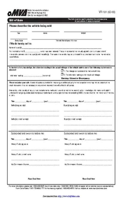 Maryland Motor Vehicle Bill Of Sale Form