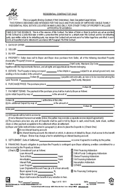 Maryland Residential Contract Of Sale Form