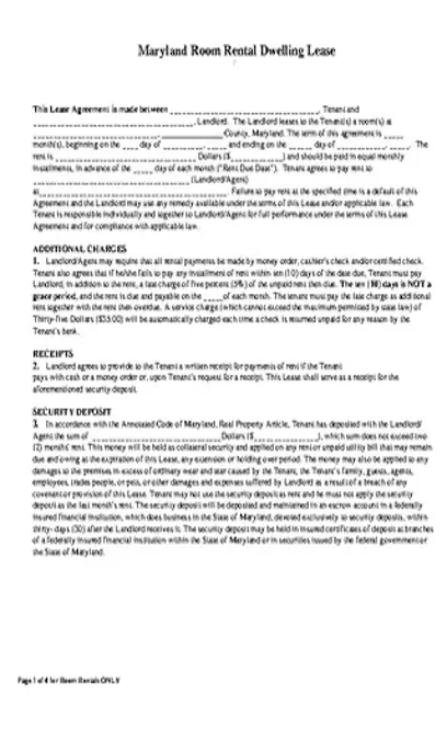 Maryland Room Rental Agreement Form