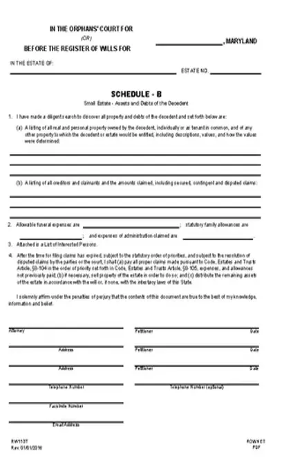 Maryland Small Estate Schedule B Form Rw1137