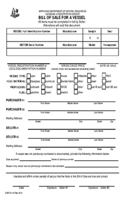 Maryland Vessel Bill Of Sale Dnr B118