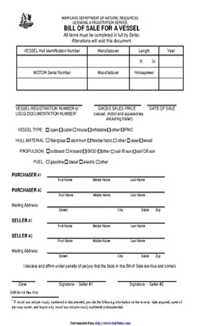 Maryland Vessel Bill Of Sale Form