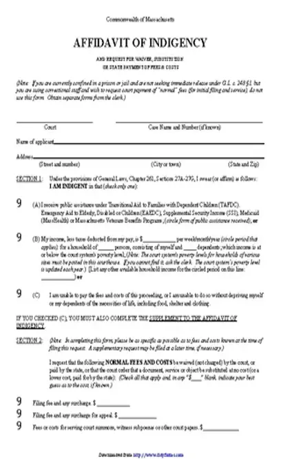 Massachusetts Affidavit Of Indigency