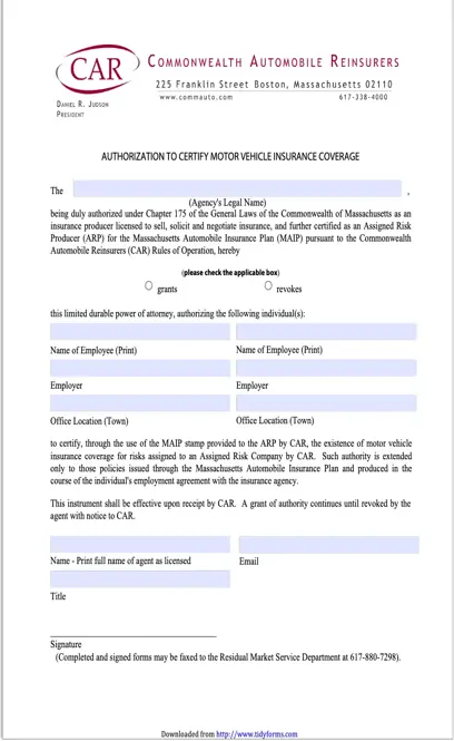 Massachusetts Authorization To Certify Motor Vehicle Insurance Coverage Form