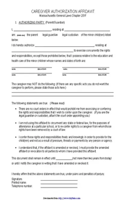 Massachusetts Caregiver Authorization Affidavit Form