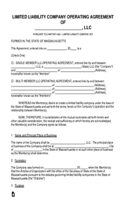 Massachusetts Llc Operating Agreement Template