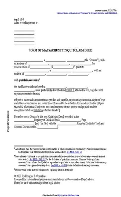 Massachusetts Quitclaim Deed Form 1