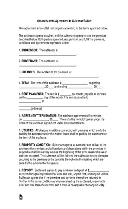 Massachusetts Sublease Agreement Form