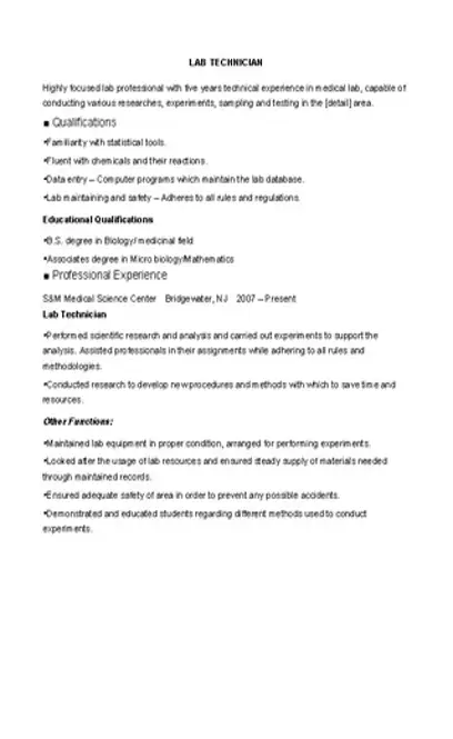 Medical Lab Technician Resume